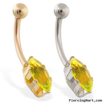 14K Gold belly ring with long yellow marquise CZ