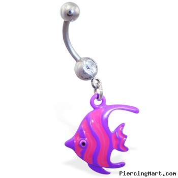 Navel ring with dangling pink and purple fish