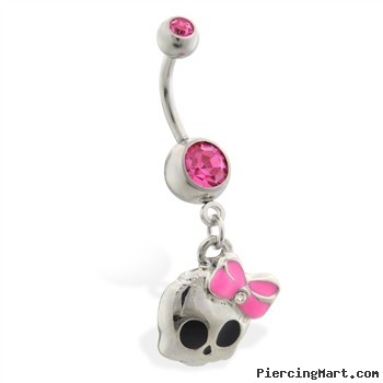 Navel ring with dangling girly skull with bow