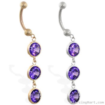 14K Gold belly ring with triple dangling round Amethyst