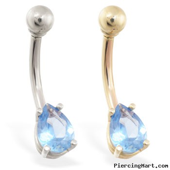 14K Gold belly ring with small aquamarine teardrop CZ
