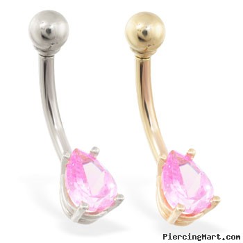 14K Gold belly ring with small pink teardrop CZ