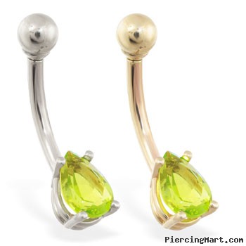 14K Gold belly ring with small peridot teardrop CZ