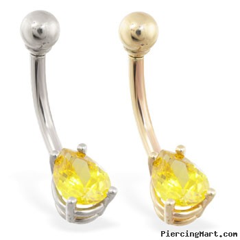 14K Gold belly ring with small yellow teardrop CZ