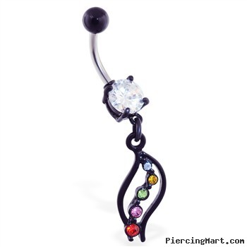 Black coated belly ring with wavy rainbow dangle