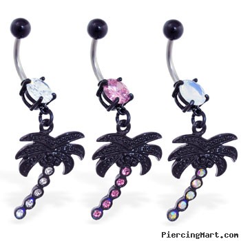 Black coated belly ring with dangling jeweled palm tree