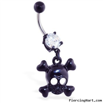 Black coated belly ring with dangling skull