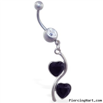 Navel ring with jeweled double heart dangle