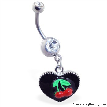 Dangling heart belly ring with cherries