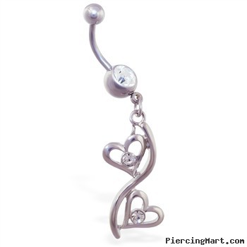 Belly ring with double jeweled open heart dangle