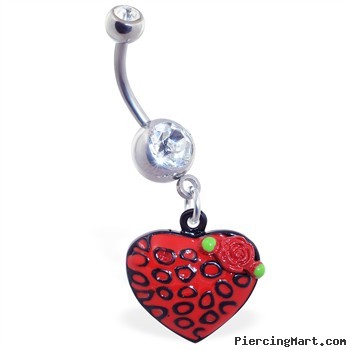 Jeweled belly ring with dangling leopard print heart with rose