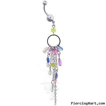 Dangling circle jeweled belly ring with chains and stones