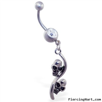 Jeweled belly ring with double skull dangle