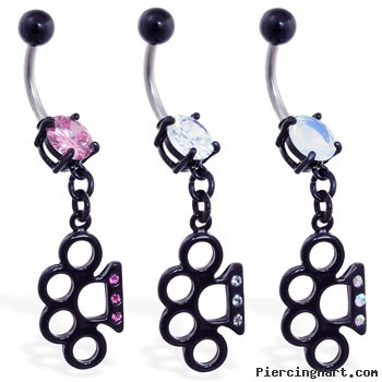 Black coated jeweled belly ring with dangling jeweled brass knuckles