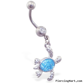 Navel ring with dangling aqua glitter sea turtle