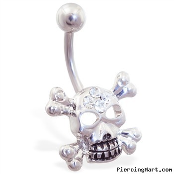 Jeweled skull belly ring with crossbones