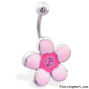 Pink jeweled flower belly ring