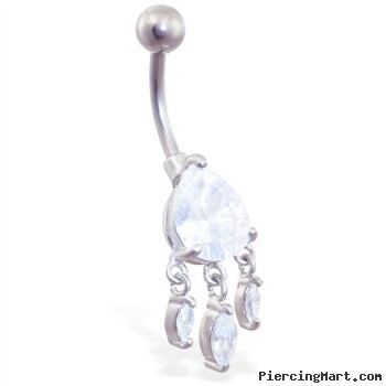 Jeweled teardrop belly ring with triple dangles