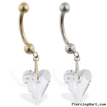 14K Gold belly ring with dangling swarovski clear crystal heart