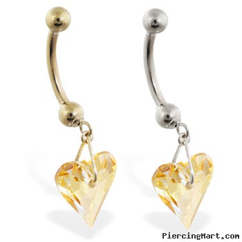 14K Gold belly ring with dangling swarovski yellow crystal heart