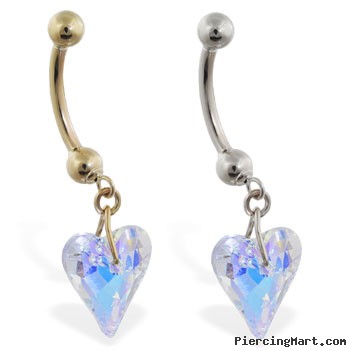 14K Gold belly ring with dangling swarovski ab crystal heart