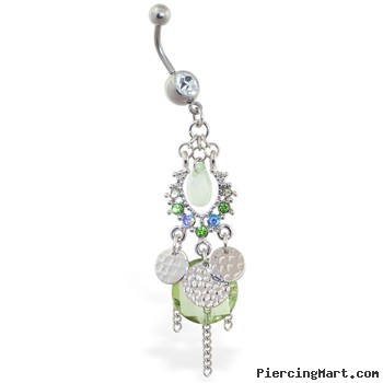 Dangling chandelier belly ring with green stones and chains