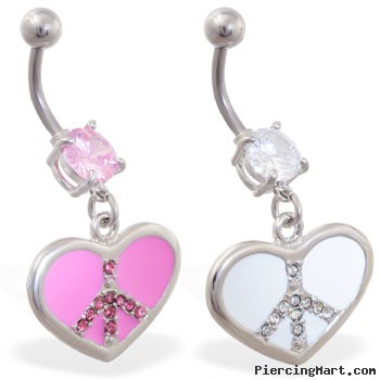 Navel ring with dangling jeweled peace heart