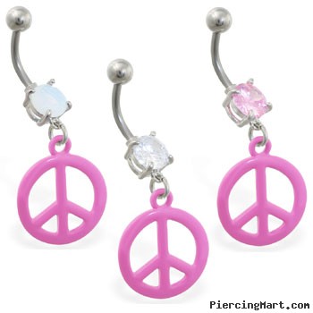 Belly ring with dangling pink peace sign