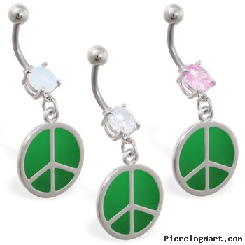 Navel ring with dangling green peace sign