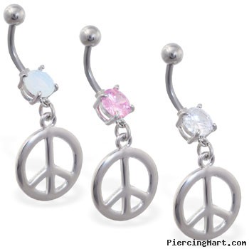 Jeweled navel ring with dangling peace sign