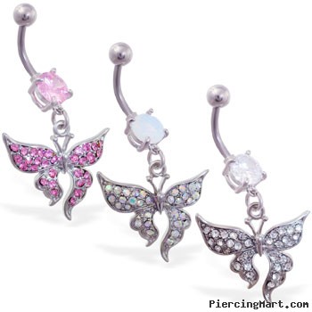 Belly ring with dangling pave jeweled elegant butterfly