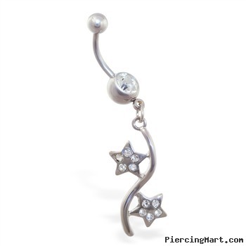 Jeweled belly button ring with double pave jeweled star dangle