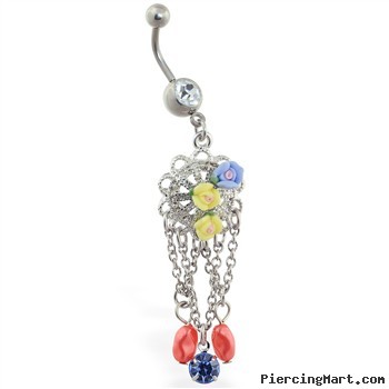 Jeweled belly ring with flower dangles and chains