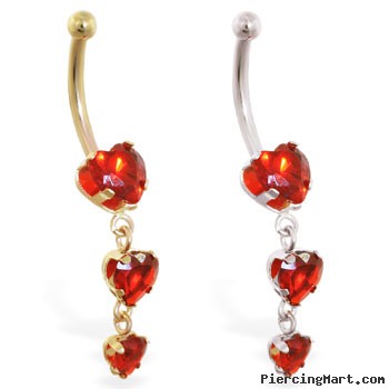 14K Gold Belly Ring With Triple Heart Ruby CZ Dangle