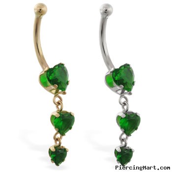 14K Gold belly ring with triple heart emerald CZ dangle
