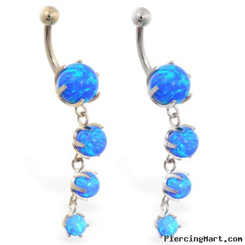 14K Gold belly ring with quadruple blue opal dangle