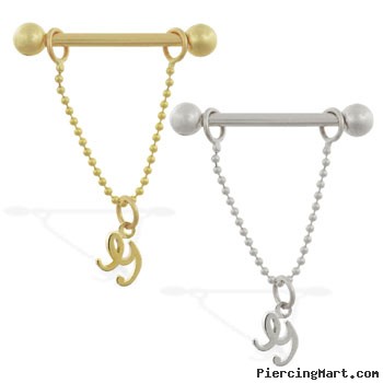 14K Gold nipple ring with dangling cursive initial G