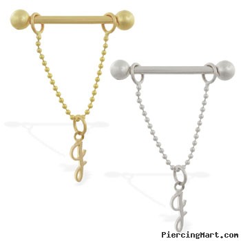 14K Gold nipple ring with dangling cursive initial J