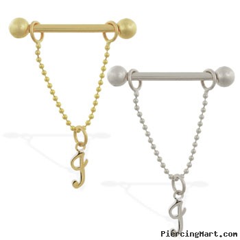 14K Gold nipple ring with dangling cursive initial I