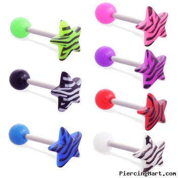 Straight barbell with colored ball and colored tiger print star top, 14 ga