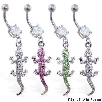 Navel ring with dangling jeweled lizard