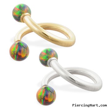 14K Gold twister barbell with Rainbow opal balls , 14ga