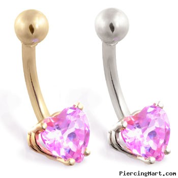 14K Gold belly ring with pink tourmaline 6mm CZ heart