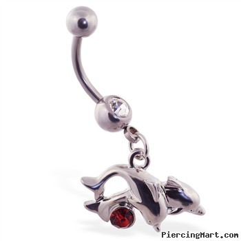 Belly ring with dangling jumping dolphins