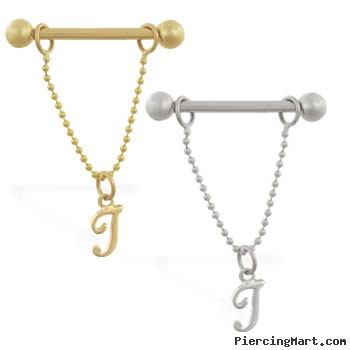 14K Gold nipple ring with dangling cursive initial T, 14 ga