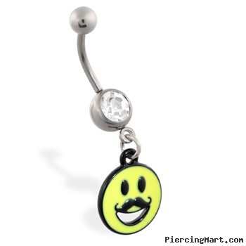 Jeweled belly ring with Dangling Smiley Face with Mustache