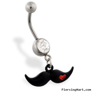 Jeweled belly ring with Dangling Black Mustache with Heart