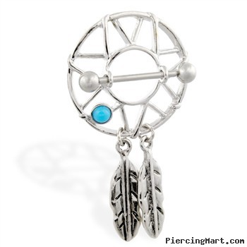 Nipple shield with turquoise stone and dangling feathers, 14 ga