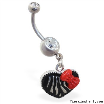 Heart dangle belly ring with zebra print and bow