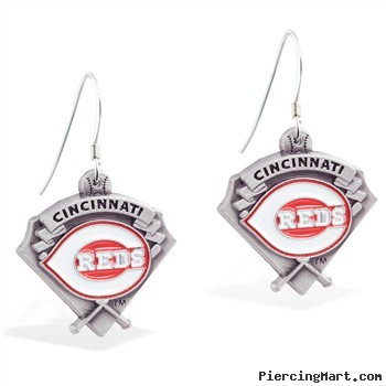 Mspiercing Sterling Silver Earrings With Official Licensed Pewter MLB Charms, Cincinnati Reds